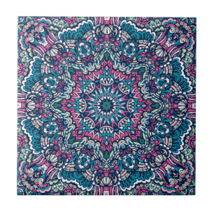 Teal, Pink, Green & Navy Vibrant Boho Mandala Tile