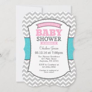 Teal Pink Grey Chevron Baby Shower Invitation