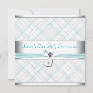 Teal Pink Heart Pink Cross First Communion Invitation