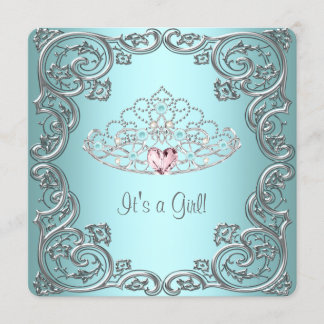 Teal Pink Heart Tiara Princess Baby Shower Invitation