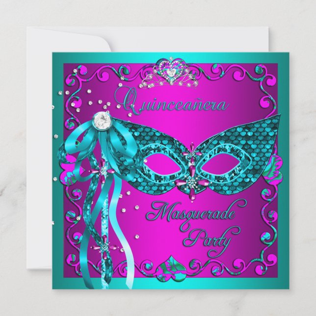 Teal Pink Masquerade Quinceanera Party Invitation (Front)