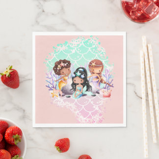 Teal Pink Mermaid Friends Under the Sea Napkin