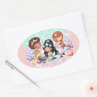 Teal Pink Mermaid Friends Under the Sea Oval Sticker