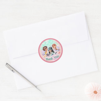 Teal Pink Mermaid Friends Under the Sea Thank You Classic Round Sticker