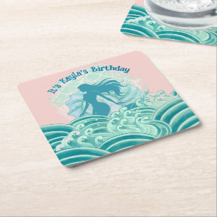 Teal Pink Mermaid Ocean Waves Birthday Party Girl Square Paper Coaster