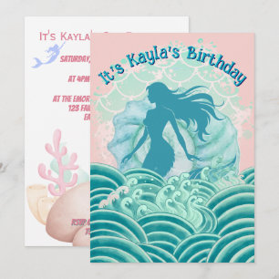 Teal Pink Mermaid Ocean Waves Girl Birthday Party Invitation