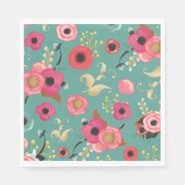 Teal Pink Modern Floral Pattern Party Napkin (Front)