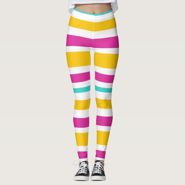 Teal, PInk, Orange and White Striped Leggings (Front)