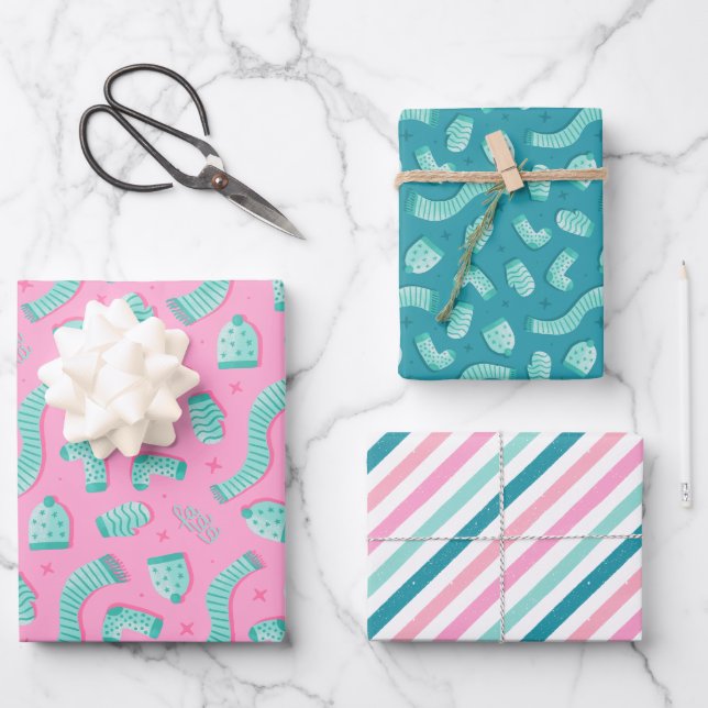 Teal Pink Pattern Christmas Holiday Wrapping Paper Sheet (Front)