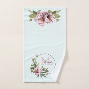 Teal, Pink peonies personalised initial monogram Hand Towel
