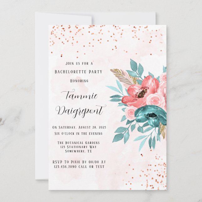 Teal & Pink Peony Flowers Bachelorette Party Invitation (Front)