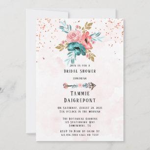 Teal & Pink Peony Flowers Bridal Shower Invitation