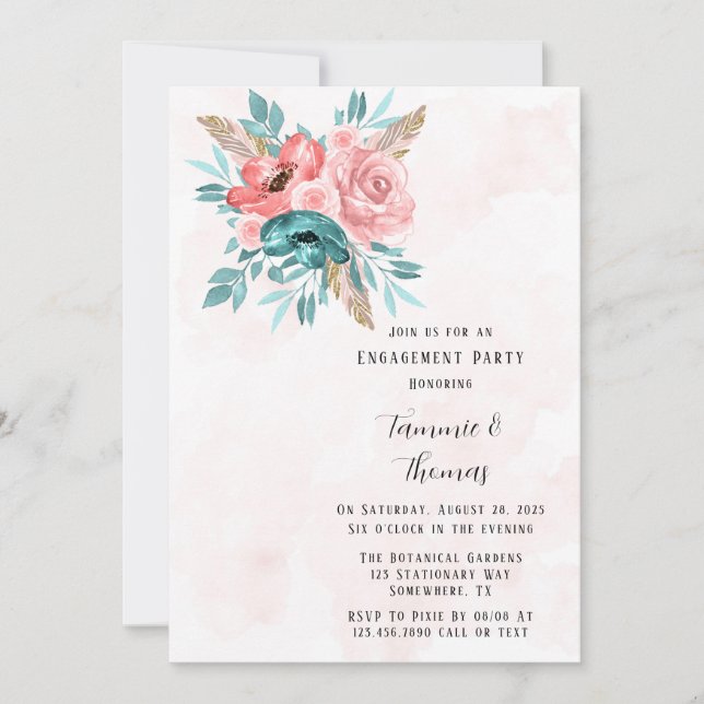 Teal & Pink Peony Flowers Engagement Party Invitation (Front)