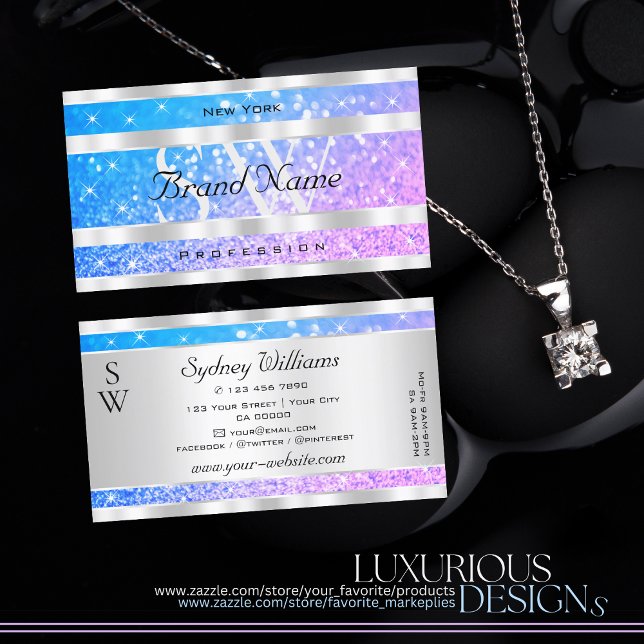 Teal Pink Purple Glitter Stars Initials Silver Business Card (Creator Uploaded)