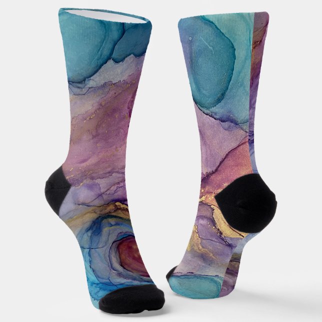 Teal, Pink, Purple & Gold Abstract Alcohol Ink Art Socks (Angled)