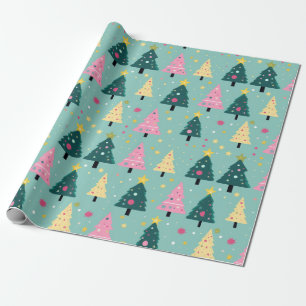 Teal Pink Retro Christmas Trees Wrapping Paper