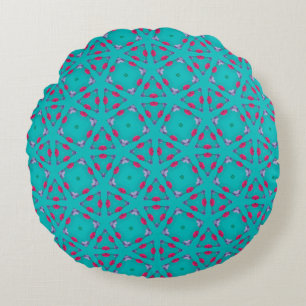 Teal Pink Retro Geometry Round Pillow