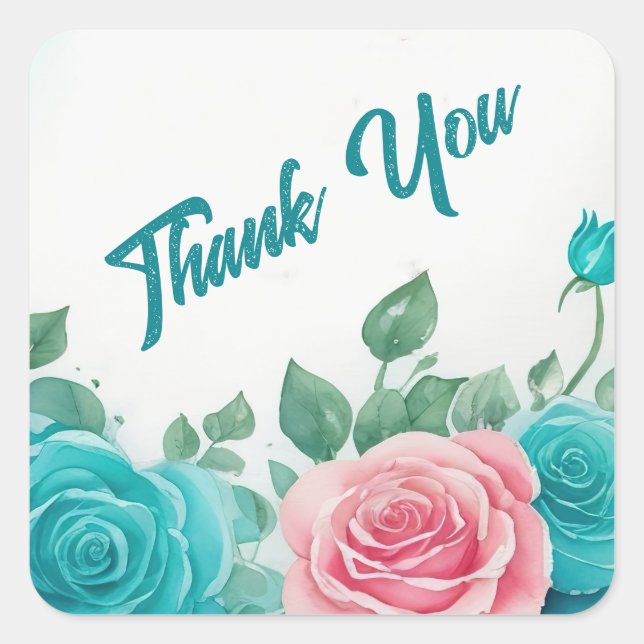 Teal & Pink Rose Watercolor Thank You Square Sticker (Front)