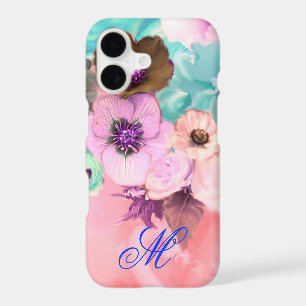 TEAL PINK ROSES AND ANEMONE FLOWERS MONOGRAM