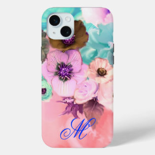 TEAL PINK ROSES AND ANEMONE FLOWERS MONOGRAM iPhone 15 MINI CASE