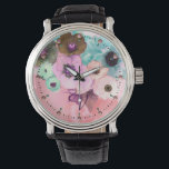 TEAL PINK ROSES AND ANEMONE FLOWERS MONOGRAM WATCH<br><div class="desc">Elegant white aqua blue teal  roses and yellow pink anemones on hot pink background with printed pink gemstones.</div>