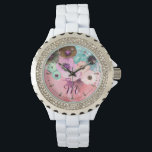 TEAL PINK ROSES AND ANEMONE FLOWERS MONOGRAM WATCH<br><div class="desc">Elegant white aqua blue teal  roses and yellow pink anemones on hot pink background with printed pink gemstones.</div>