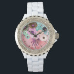 TEAL PINK ROSES AND ANEMONE FLOWERS MONOGRAM WATCH<br><div class="desc">Elegant white aqua blue teal  roses and yellow pink anemones on hot pink background with printed pink gemstones.</div>