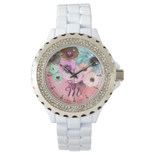 TEAL PINK ROSES AND ANEMONE FLOWERS MONOGRAM WATCH (Front)