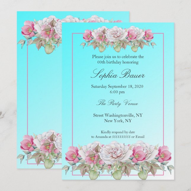 Teal Pink Roses Floral Birthday Party Invitation (Front/Back)