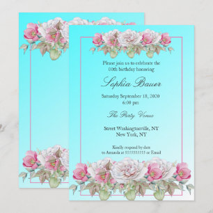 Teal Pink Roses Floral Birthday Party Invitation
