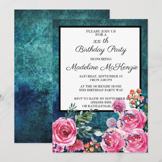 Teal Pink Roses Grapes Birthday Party Invitation (Front/Back)