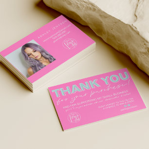 Teal pink script photo logo order thank you business card
