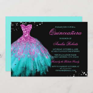 Teal Pink Sparkle Dress Quinceanera Invitation