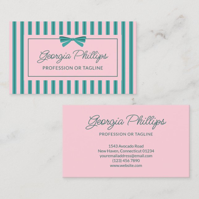 Teal & Pink Stripes & Bow Retro Business Card (Front/Back)