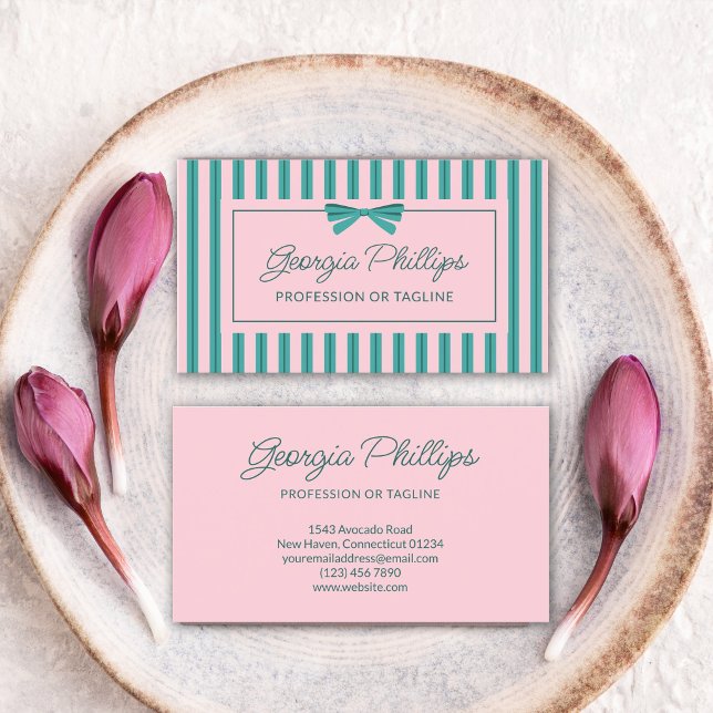 Teal & Pink Stripes & Bow Retro Business Card (Creator Uploaded)
