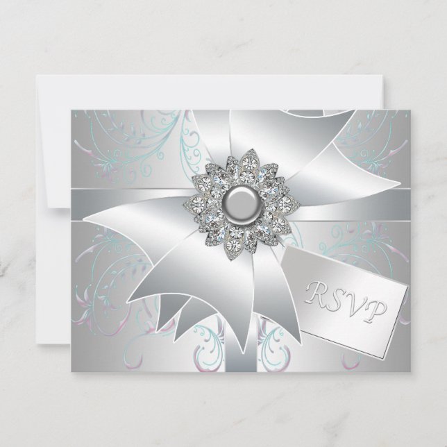 Teal Pink Swirl Pearl White RSVP Cards (Front)