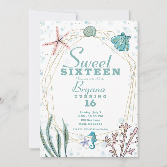 Teal & Pink Under the Sea Whimsical Sweet 16 Party Invitation (Front)