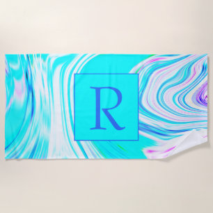 Teal Pink White Abstract Wave Patterns Monogrammed Beach Towel