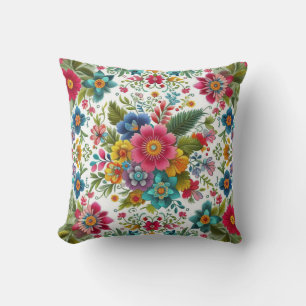 Teal Pink Yellow Colourful Embroidery Style Flower Cushion