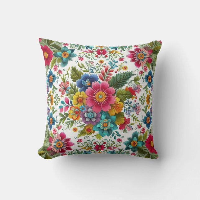 Teal Pink Yellow Colourful Embroidery Style Flower Cushion (Front)