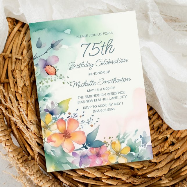 Teal Pink Yellow Pastel Floral 75th Birthday Invitation (Spring watercolor flowers on teal 75th birthday party invitation)