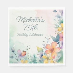 Teal Pink Yellow Pastel Floral 75th Birthday Napkin