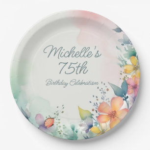 Teal Pink Yellow Pastel Floral 75th Birthday Paper Plate