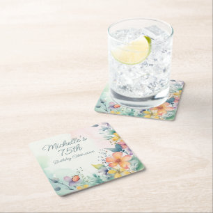 Teal Pink Yellow Pastel Floral 75th Birthday Square Paper Coaster