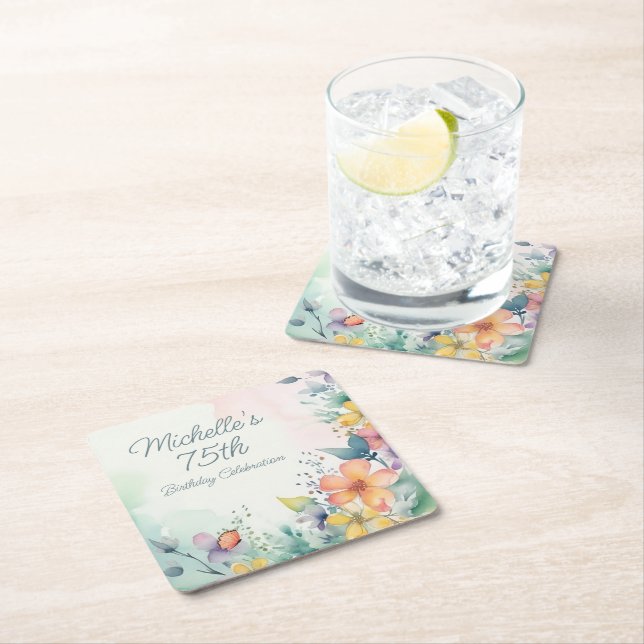 Teal Pink Yellow Pastel Floral 75th Birthday Square Paper Coaster (Insitu)