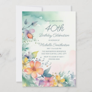 Teal Pink Yellow Pastel Flowers 40th Birthday Invitation