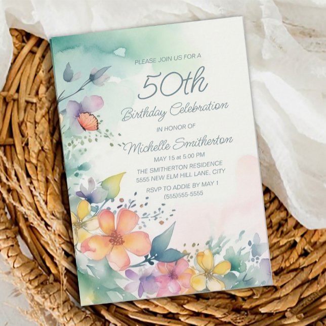 Teal Pink Yellow Pastel Flowers 50th Birthday Invitation (Teal, yellow, pink floral 50th birthday party invitation)