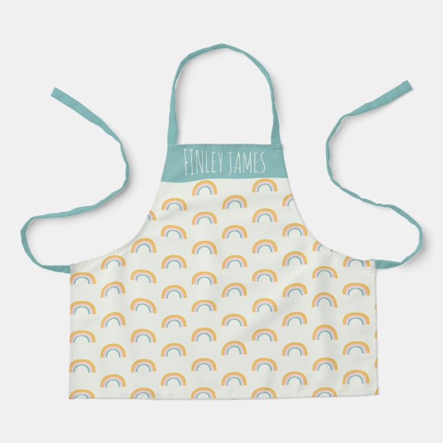 Teal Pink Yellow Rainbow Cute Simple Personalised Apron (Front)