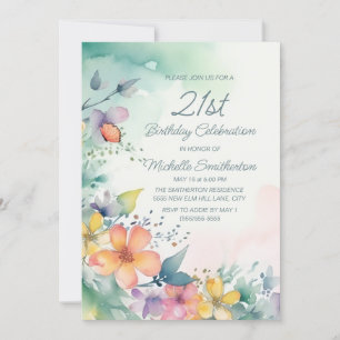 Teal Pink Yellow Watercolor Flowers 21st Birthday Invitation