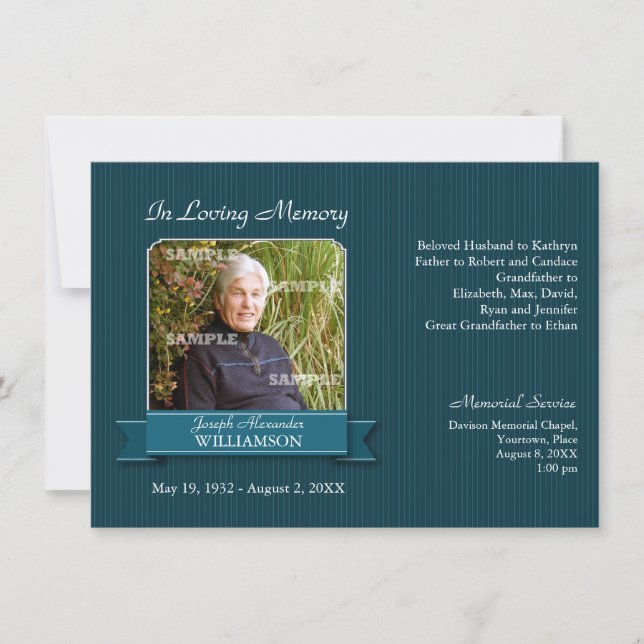 Teal Pinstripe Banner Memorial Notice Invitation (Front)